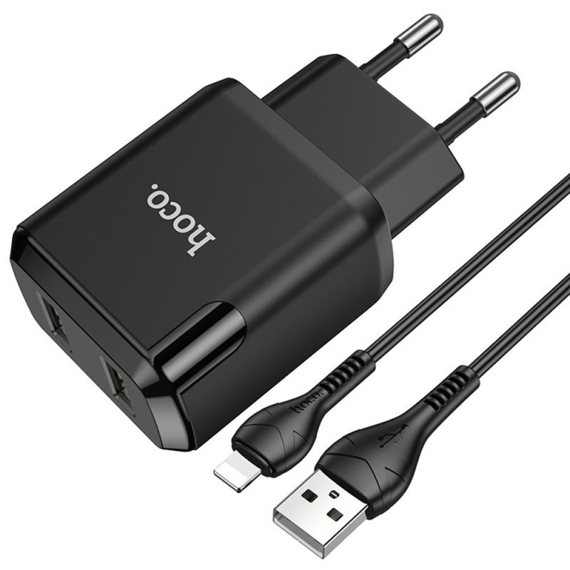 Incarcator Priza 2xUSB-A, 10W, 2.1A + Cablu Lightning - Hoco (N7 Speedy) - Black