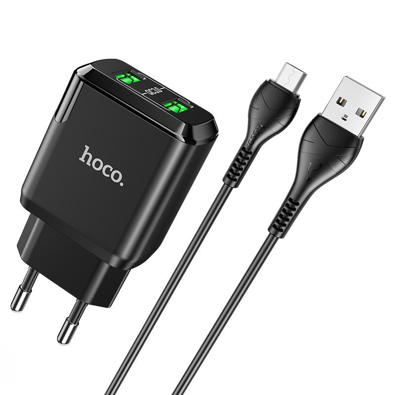 Incarcator Priza 2xUSB-A, Q.C 3.0, 18W, 3.0A + Cablu Micro-USB 1m - Hoco (N6 Charmer) - Black