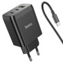 Incarcator Priza USB, 2xType-C, QC 3.0,PD 65W, 3A + Cablu Type-C 1m - Hoco Phenomenon (N18) - Black