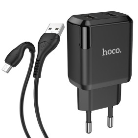 Incarcator Priza 2xUSB-A, 10W, 2.1A + Cablu Micro-USB 1m - Hoco Speedy (N7) - Black