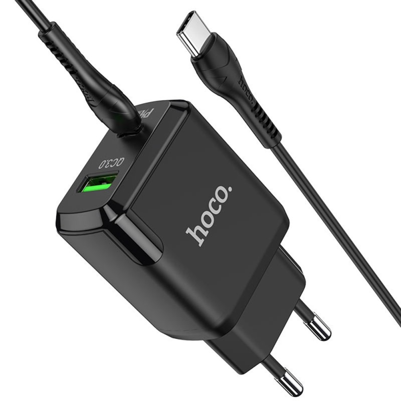 Incarcator Priza USB-A, Type-C, Q.C 3.0, PD 20W, 3A + Cablu Type-C - Hoco Favor (N5) - Black