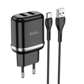 Incarcator Priza 2xUSB-A, 12W, 2.4A + Cablu Type-C 1m - Hoco Aspiring (N4)  - Black