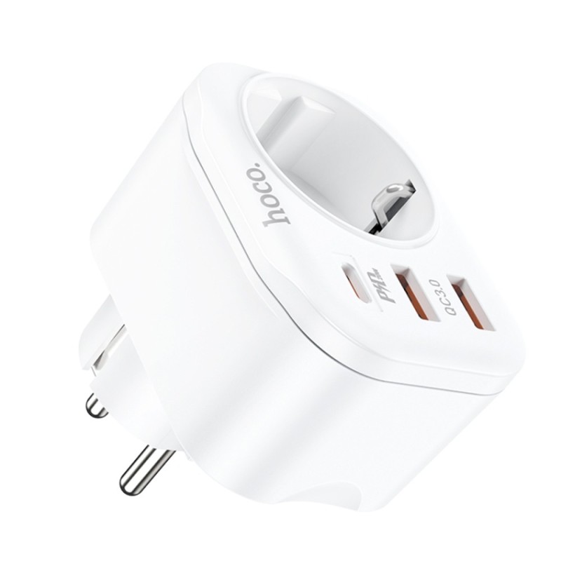 Incarcator Priza, Adaptor Shuko 2xUSB-A, Type-C, QC 3.0, 3A, PD 20W - Hoco (NS3) - White