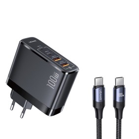 Incarcator Priza 2xUSB-C GaN 100W, 2xUSB-A QC 3.0 + Cablu Type-C 1.2m - Usams (UCTZ01) - Black