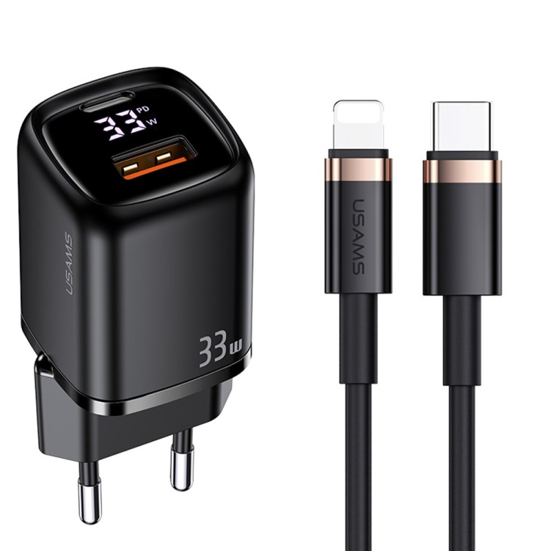 Incarcator Priza USB-C GaN 36W, USB-A, QC 3.0 + Cablu Lightning 1.2m - Usams (UDTZ01) - Black