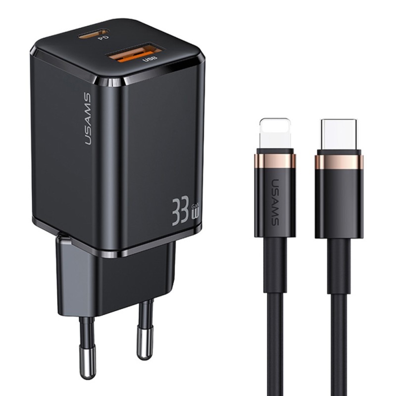 Incarcator Priza 1xUSB-C GaN 33W, 1xUSB-A QC3.0 + Cablu Lightning 1.2m - Usams (USKTZ01) - Black