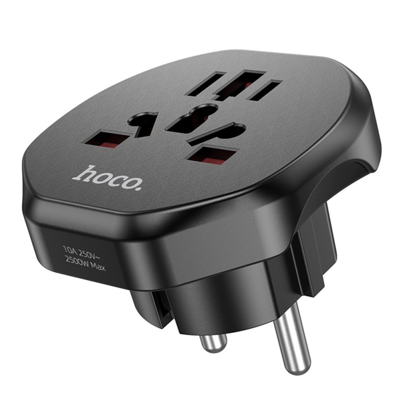 Adaptor Priza Universal PL/EU Plug / UK, 10A, 250V, 2500W - Hoco (AC6) - Black