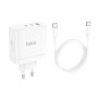 Incarcator pentru Priza GaN, Fast Charging, USB, 2x Type-C, 65W + Cablu Type-C - Hoco Glory (N30) - White