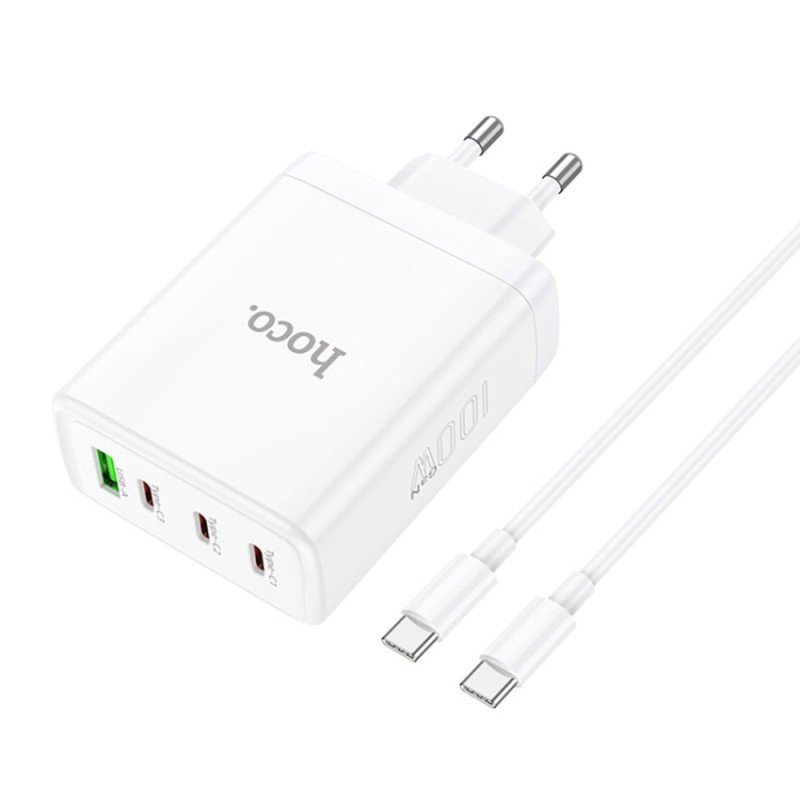 Incarcator pentru Priza USB, 3x Type-C, Fast Charging, 100W + Cablu Type-C - Hoco Leader (N31) - White