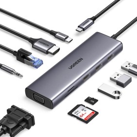 Hub USB-C la Type-C, 3x USB, HDMI, RJ45, Jack 3.5mm, VGA, TF, SD Card - Ugreen (15601) - Gray