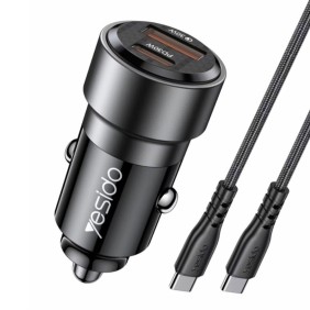 Yesido - Car Charger (Y55) - USB, Type-C, Fast Charging, 60W, with Cable USB-C to Type-C - Black
