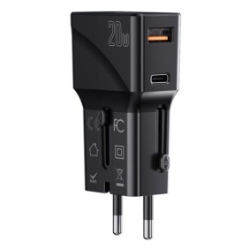 Yesido - Wall Charger (MC17) - USB, Type-C, PD20W, for Travel, EU, UK, US, AUS - Black