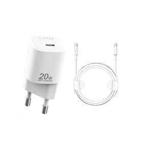Lito - Wall Charger (LT-LC01) - Type-C PD20W Fast Charging for iPhone, Samsung, iPad with Cable USB-C to USB-C, 1m - White