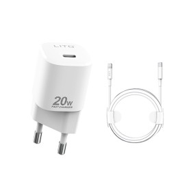 Lito - Wall Charger (LT-LC01) - Type-C PD20W Fast Charging for iPhone, iPad with Cable USB-C to Lightning, 1m - White