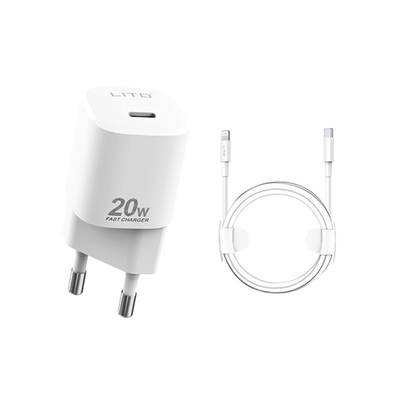 Lito - Wall Charger (LT-LC01) - Type-C PD20W Fast Charging for iPhone, iPad with Cable USB-C to Lightning, 1m - White