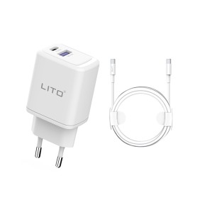 Lito - Wall Charger (LT-LC02) - Type-C PD20W, USB-A 18W, Fast Charging with Cable USB-C to USB-C, 1m - White