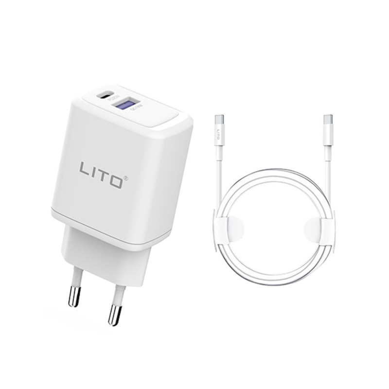 Lito - Wall Charger (LT-LC02) - Type-C PD20W, USB-A 18W, Fast Charging with Cable USB-C to USB-C, 1m - White