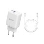 Lito - Wall Charger (LT-LC02) - Type-C PD20W, USB-A 18W, Fast Charging with Cable USB-C to USB-C, 1m - White