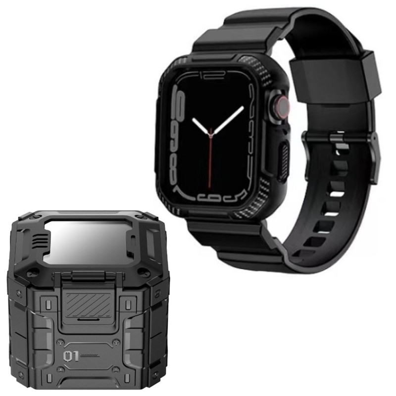 Husa pentru Apple Watch 1 / 2 / 3 / 4 / 5 / 6 / SE / SE 2 / 7 / 8 / 9 (42mm/44mm/45mm) + Curea - Lito Carbon RuggedArmor (LS003) - Black