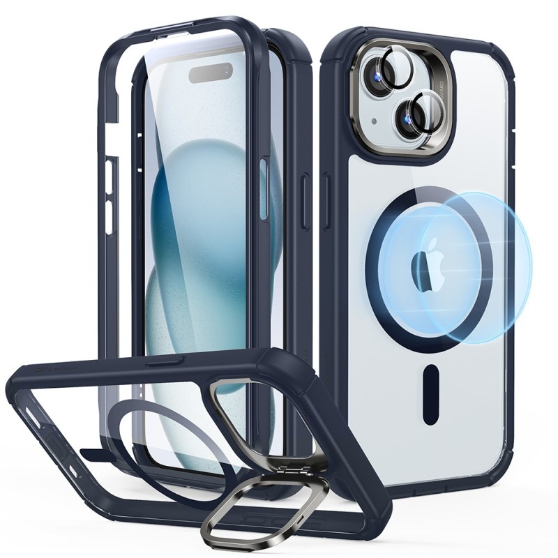 Husa pentru iPhone 15 + Folie - ESR Armor Tough Kickstand HaloLock - Clear Dark Blue