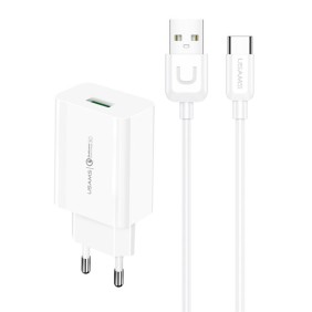 Usams - Travel Charger Kit T48 (T48OCLN01) - Wall Charger T22 USB-A QC 3.0, 18W, 3A with Type-C Cable 1.0m - White