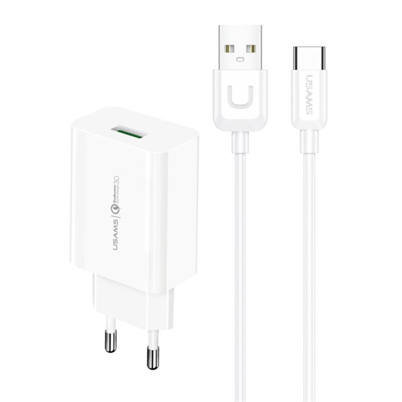 Usams - Travel Charger Kit T48 (T48OCLN01) - Wall Charger T22 USB-A QC 3.0, 18W, 3A with Type-C Cable 1.0m - White