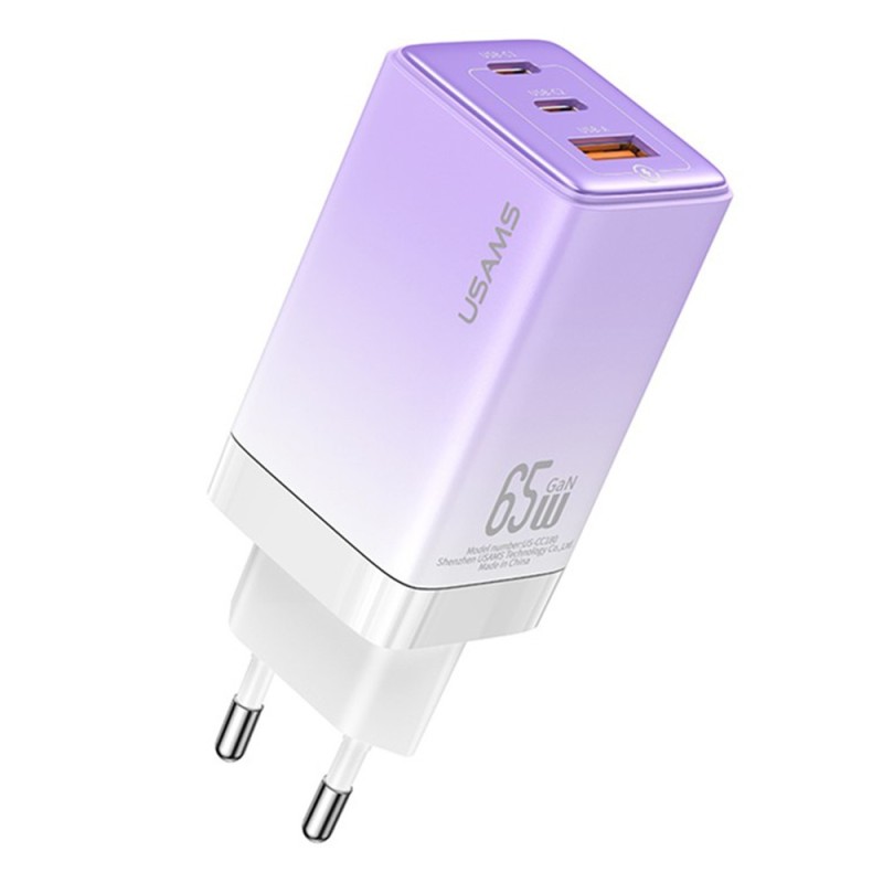 Incarcator Priza 2x Type-C PD65W, USB-A 3A - Usams (US-CC180) - Gradient Purple