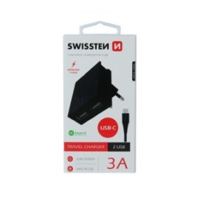 Set incarcator retea swissten smart ic 2xusb 3a+cablu date type c 1.2m negru