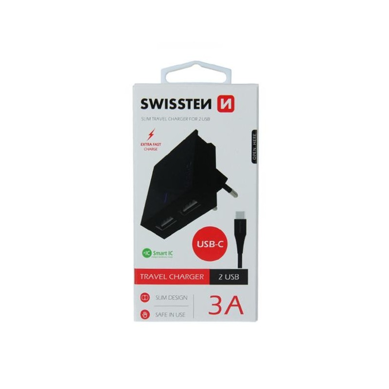 Set incarcator retea swissten smart ic 2xusb 3a+cablu date type c 1.2m negru