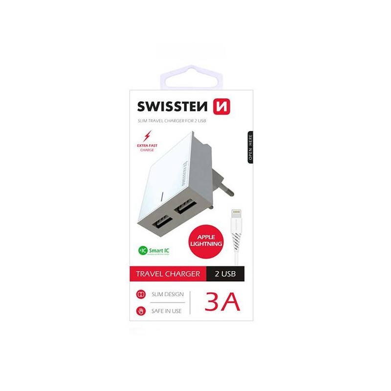 Swissten smart ic / set incarcator+cablu usb to lightning 2xusb 3a cablu lightning 1.2m suport