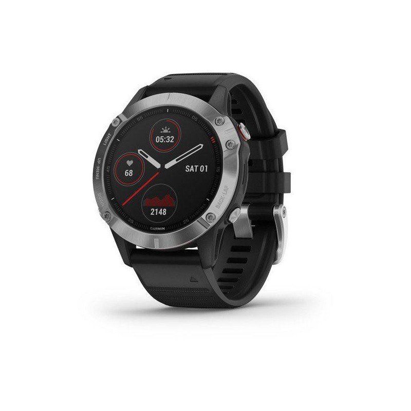 Fenix 6 silver w/black band gps ww stainless steel strap material: silicone battery life: up