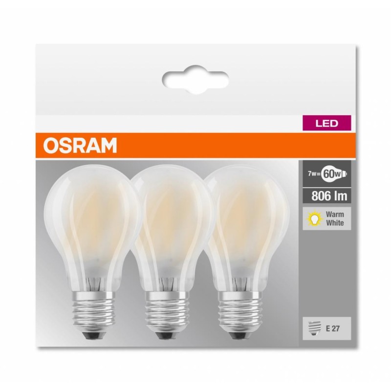 3 becuri led osram base classic a e27 7w (60w) 806 lm lumina calda (2700k)