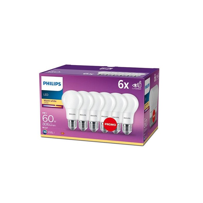 6 becuri led philips a60 e27 8w (60w) 806 lm lumina calda (2700k) mat