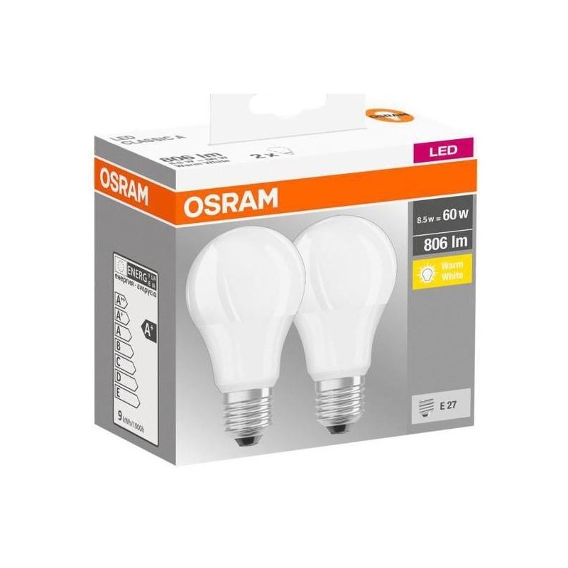 2 becuri led osram base classic a e27 8.5w (60w) 806 lm lumina calda (2700k)