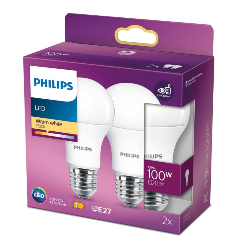 2 becuri led philips a60 eyecomfort e27 13w (100w) 1521 lm lumina calda (2700k) mat