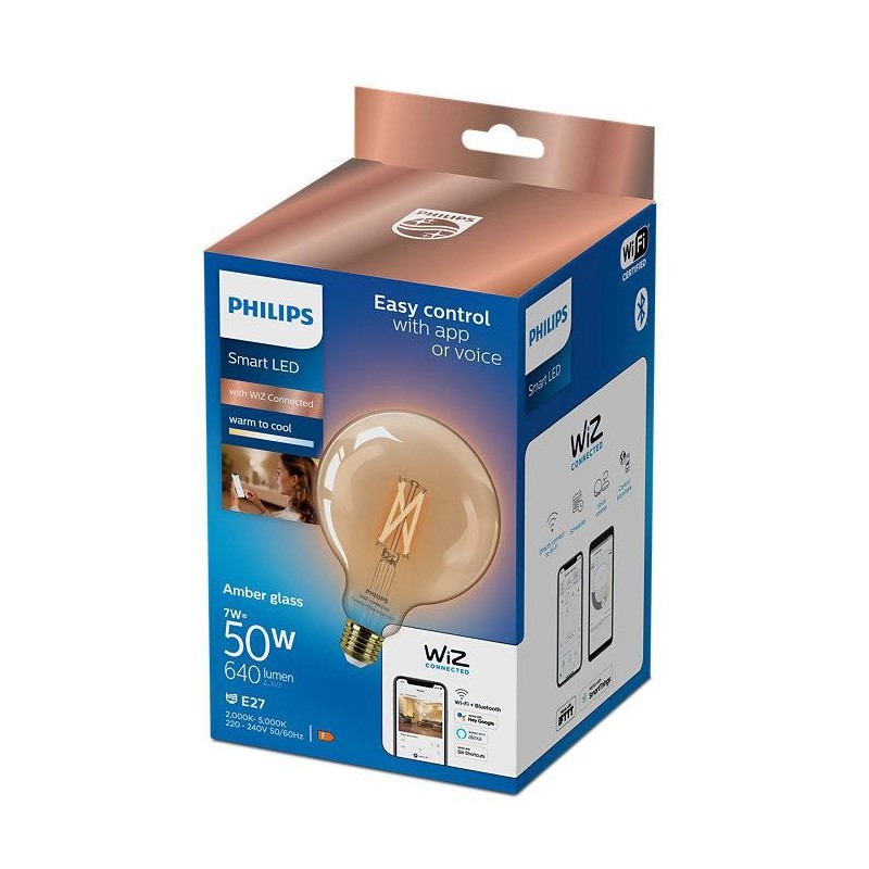 Bec led inteligent vintage (decorativ) philips filament globe amber g125 wi-fi bluetooth e27 7w (50w)