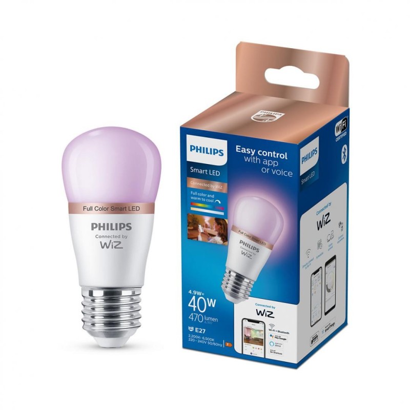 Bec led rgb inteligent philips bulb p45 wi-fi bluetooth e27 4.9w (40w) 470 lm lumina