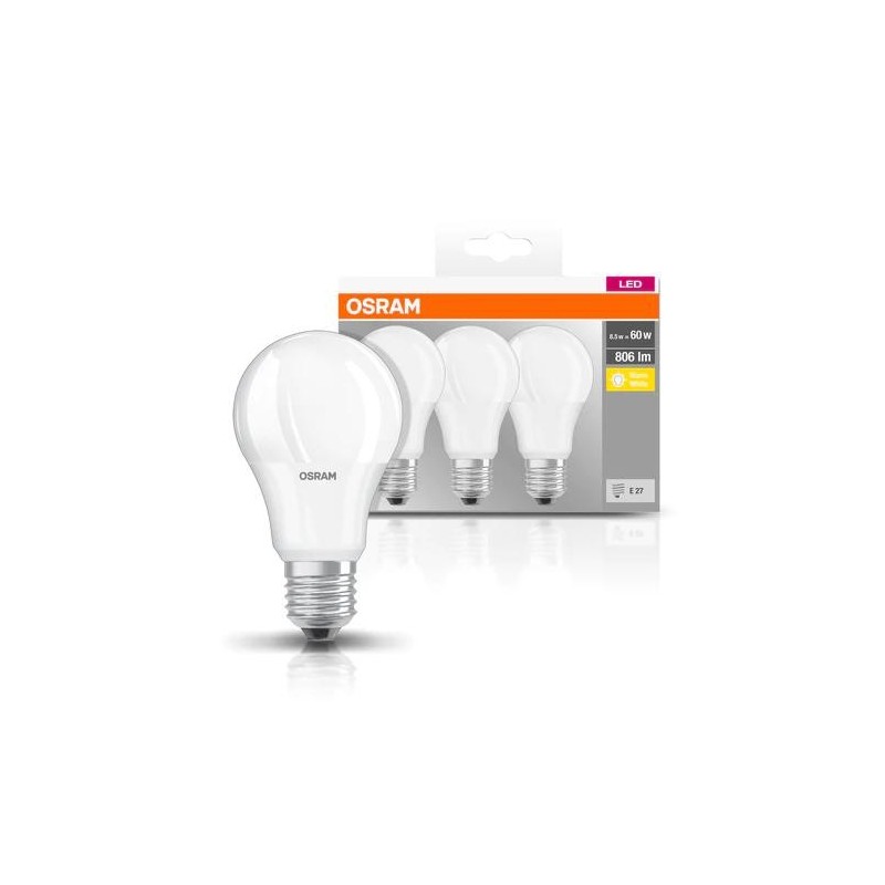 3 becuri led osram base classic a e27 8.5w (60w) 806 lm lumina calda (2700k)