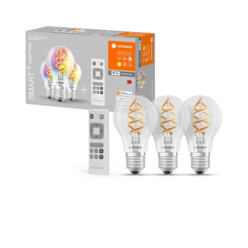 Pachet 3 becuri led rgb inteligente ledvance smart+ wifi filament multicolour a e27 4.5w (30w)