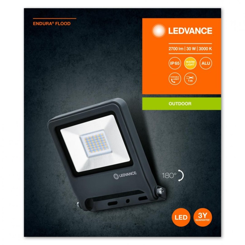 Proiector led ledvance endura flood 30w 220-240v 2700 lm lumina calda (3000k) ip65/ik06 186x163x34mm aluminiu