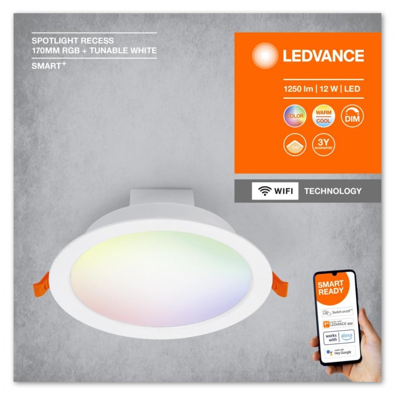 Spot led rgb incastrat ledvance smart+ wifi 12w 1000 lm lumina alba si color (2700-6500k)