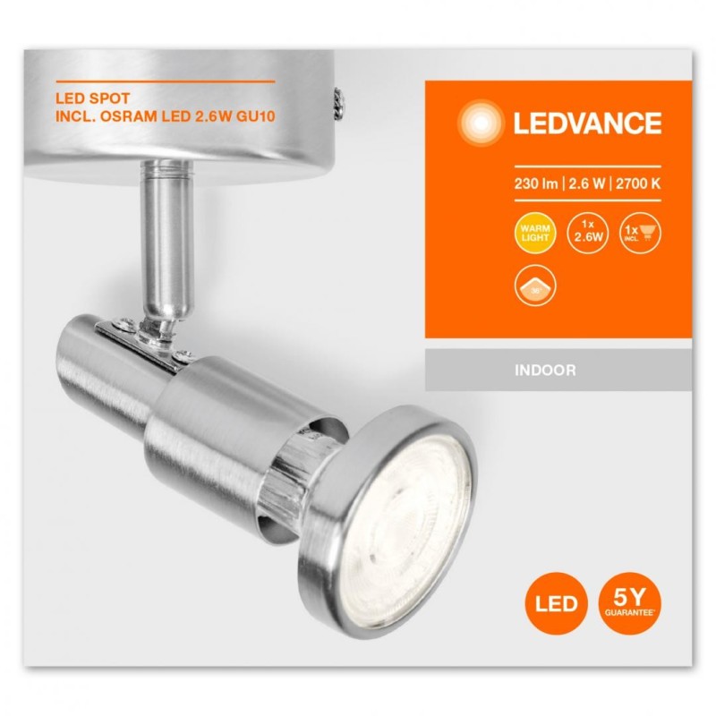 Spot led ledvance gu10 2.6w 230 lm lumina calda (2700k) ip20 146x80x80mm aluminiu argintiu