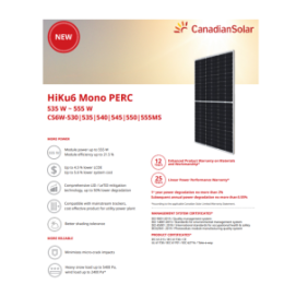 Panou solar fotovoltaic monocristalin hiku6 mono perc cs6w-550ms silver frame max. 1500v lungime cablu 1400mm