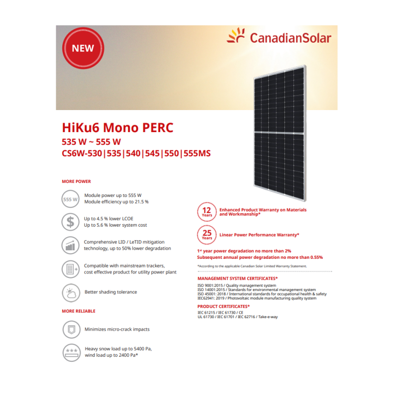 Panou solar fotovoltaic monocristalin hiku6 mono perc cs6w-550ms silver frame max. 1500v lungime cablu 1400mm