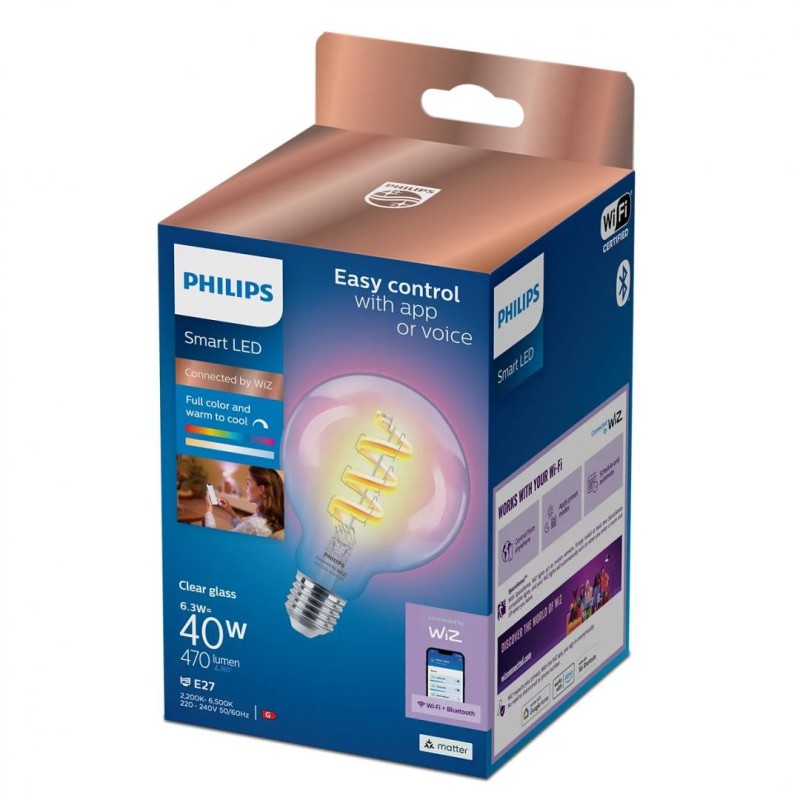 Bec led rgb inteligent philips filament globe g95 wi-fi e27 6.3w (40w) 470 lm lumina