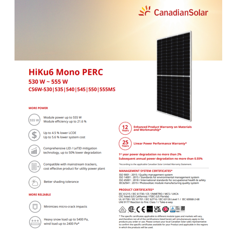 Panou solar fotovoltaic monocristalin hiku6 mono perc cs6w-555ms silver frame max. 1500v lungime cablu 410mm