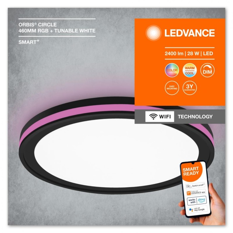 Plafoniera led rgb inteligenta ledvance smart+ wifi orbis circle 460 28w 2400 lm lumina alba