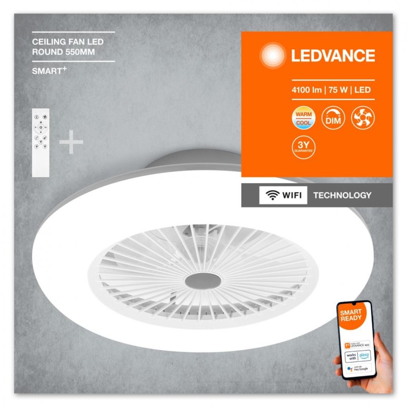 Plafoniera led inteligenta cu ventilator ledvance smart+ wifi ceiling fan cu telecomanda 75w 4100 lm