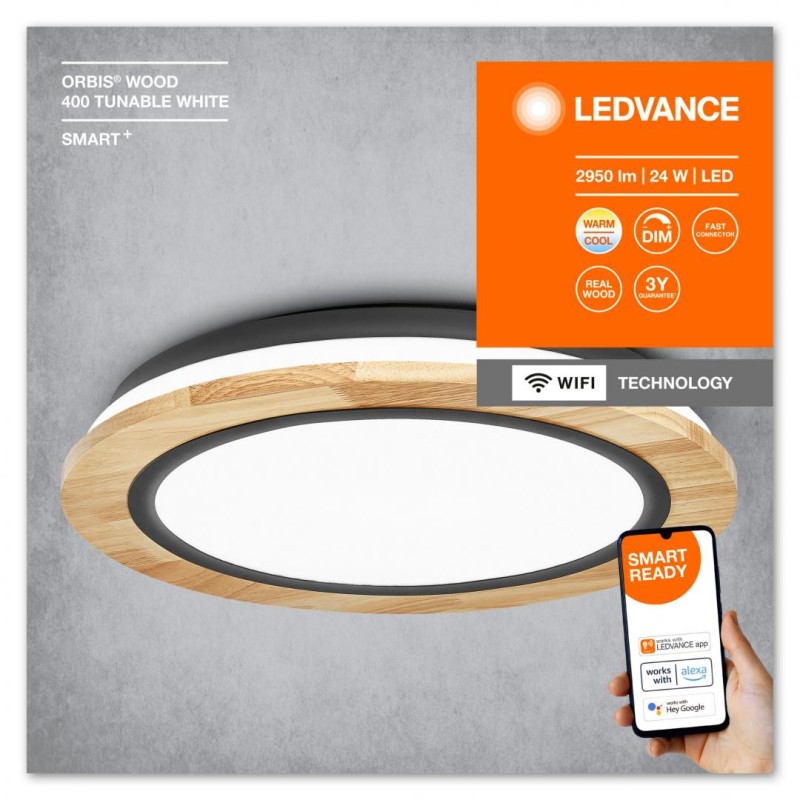 Plafoniera led inteligenta ledvance smart+ wifi orbis wood 24w 2950 lm lumina alba (2700-6500k) dimabila