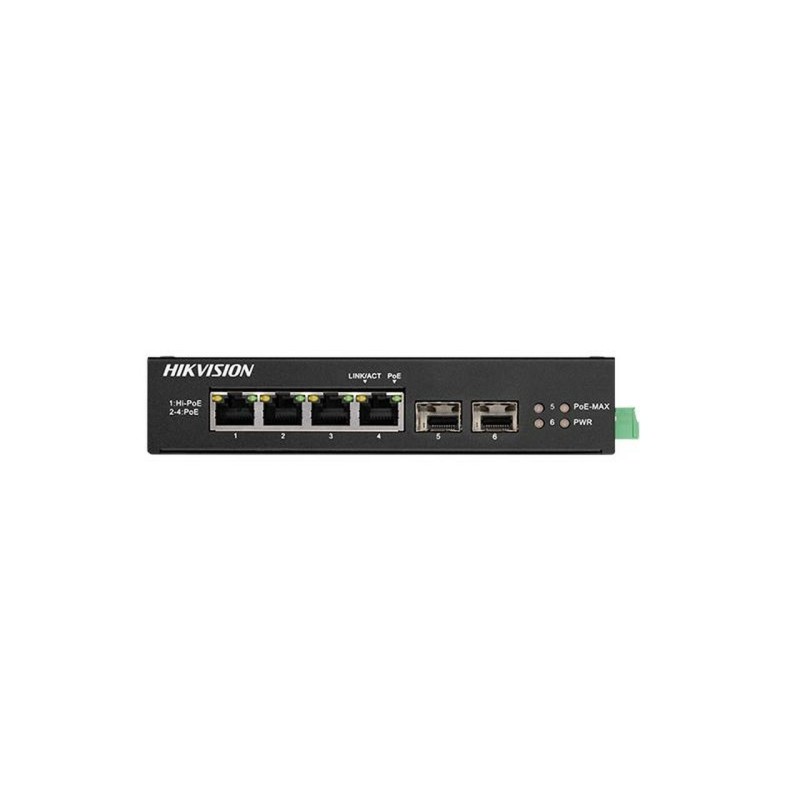 Switch gigabit 4 porturi poe hikvision ds-3t0506hp-e/hs destinat pentru medii industriale fara management 3 ×